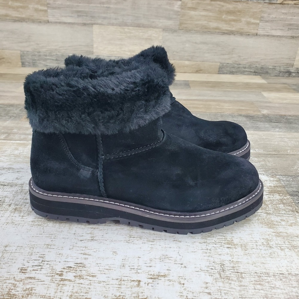 Coldwater Creek Cascade Womens Ankle Boots Sz 7 M Black Suede Faux Fur Lined